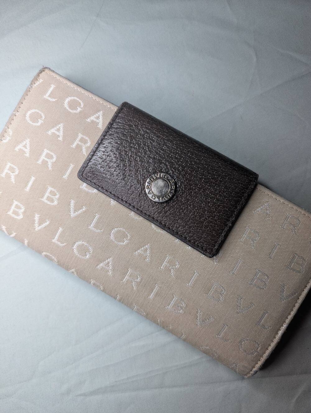 Auth Bvlgari Logo Mania Canvas Continental Trifold Wallet Brown Leather Trim